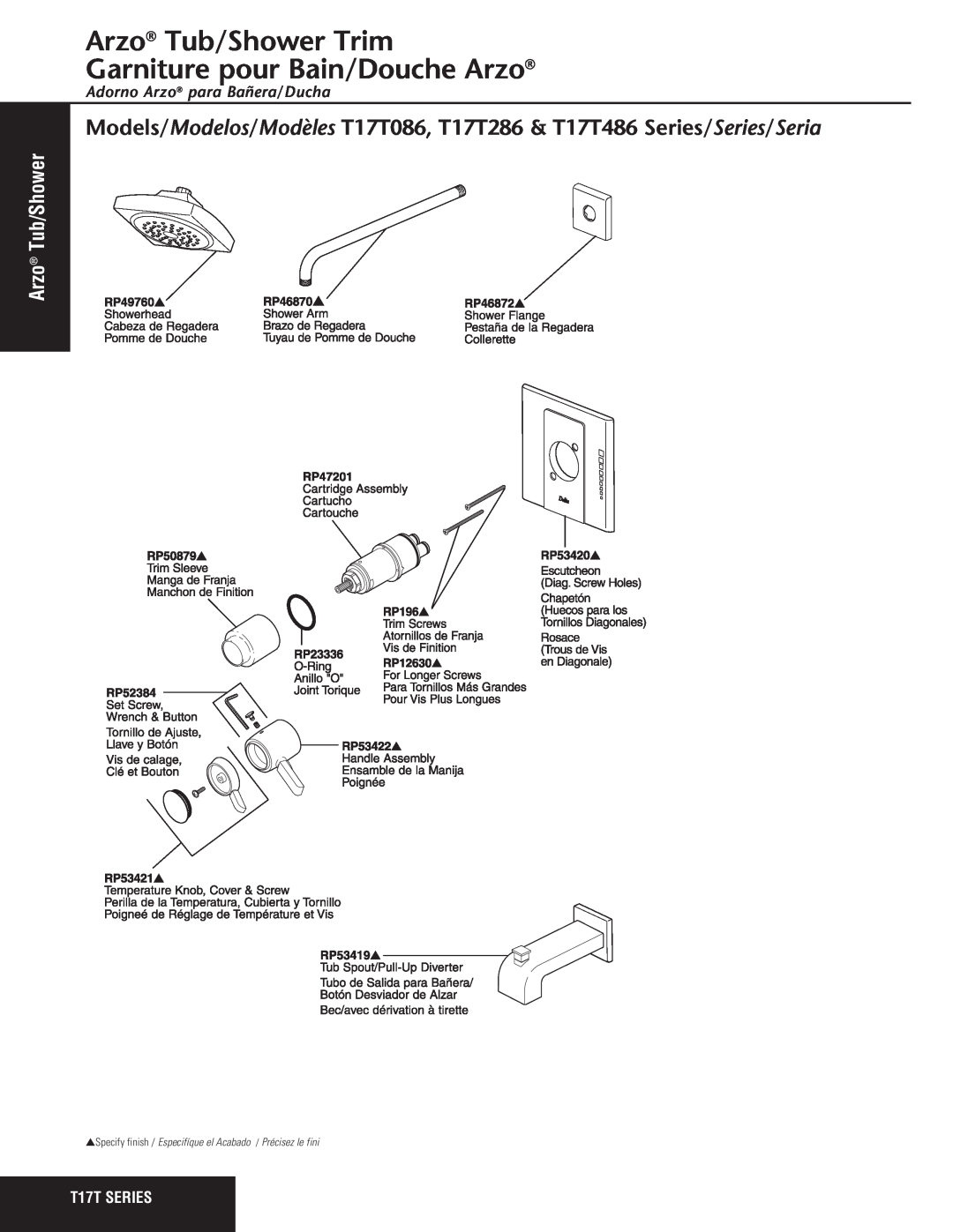Delta T17T486 Series manual Arzo Tub/Shower Trim Garniture pour Bain/Douche Arzo, Adorno Arzo para Bañera/Ducha 