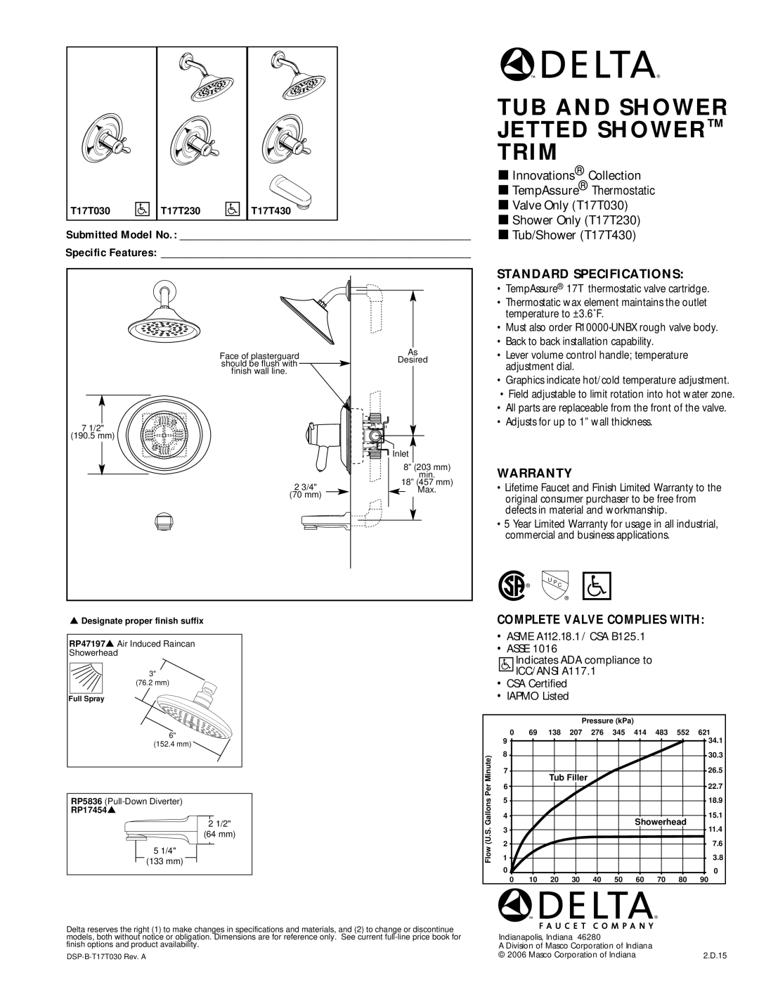 Delta T17T230 warranty TUB and Shower Jetted Shower Trim, Standard Specifications, Warranty, Complete Valve Complies with 