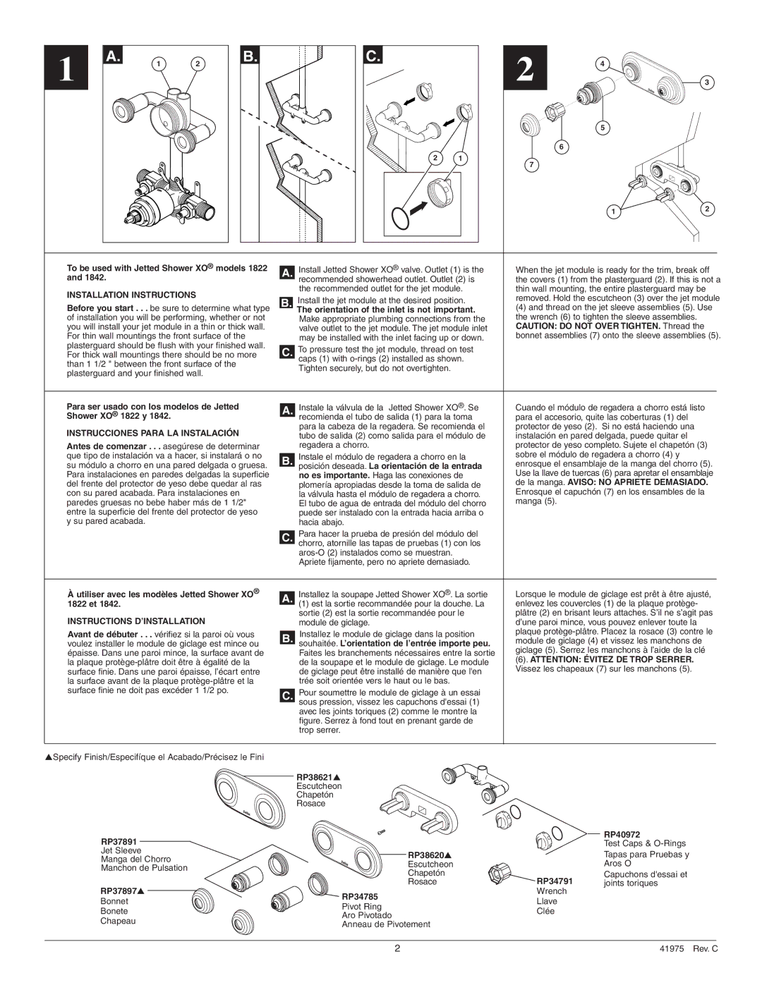 Delta T1817 Series To be used with Jetted Shower XO models, Installation instructions, Shower XO 1822 y, 1822 et, RP38621 