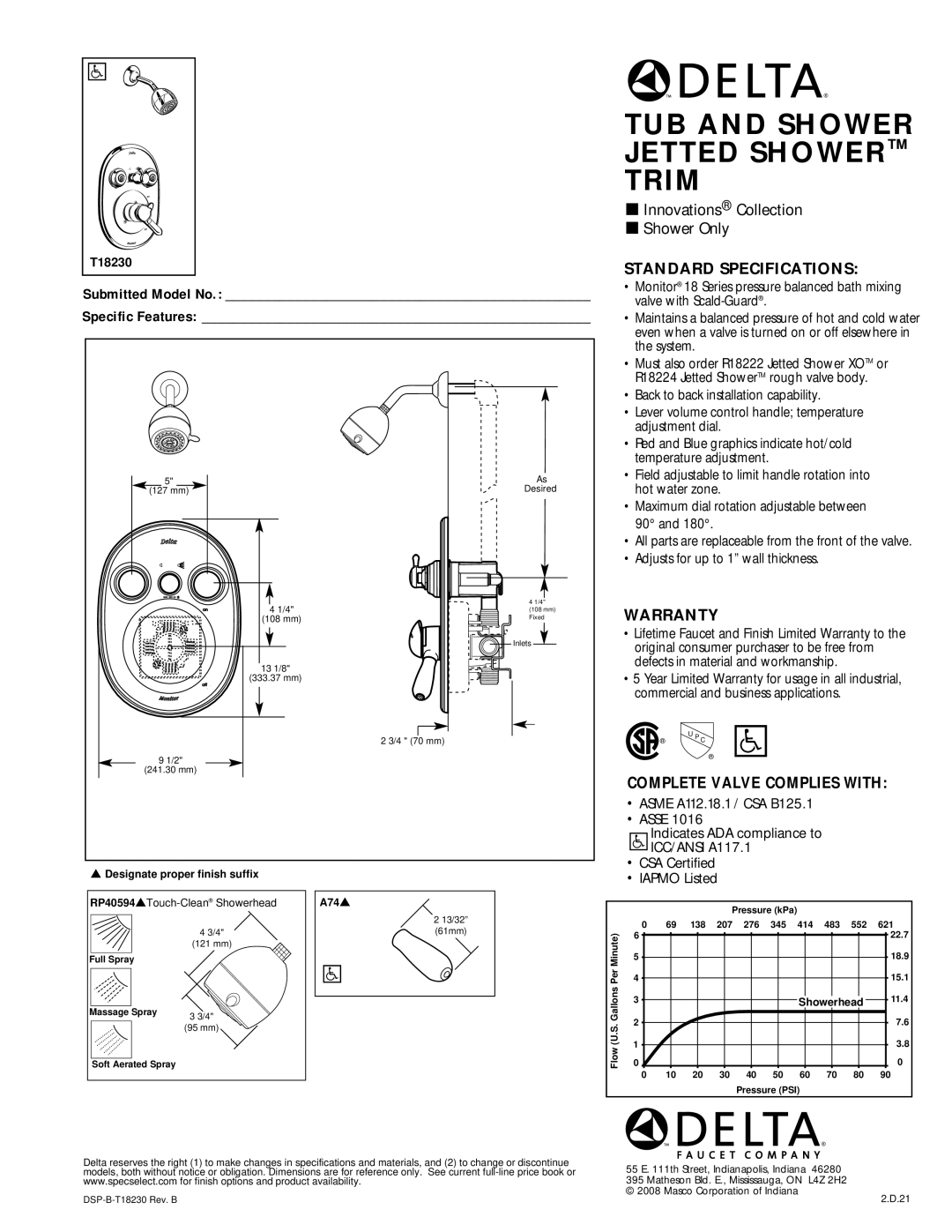 Delta T18230 warranty TUB and Shower Jetted Shower Trim, Innovations Collection Shower Only, Standard Specifications 