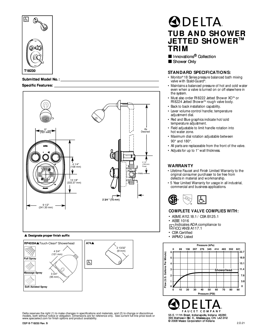 Delta T18230 warranty Tub And Shower Jetted Shower Trim, Innovations Collection Shower Only, Standard Specifications 