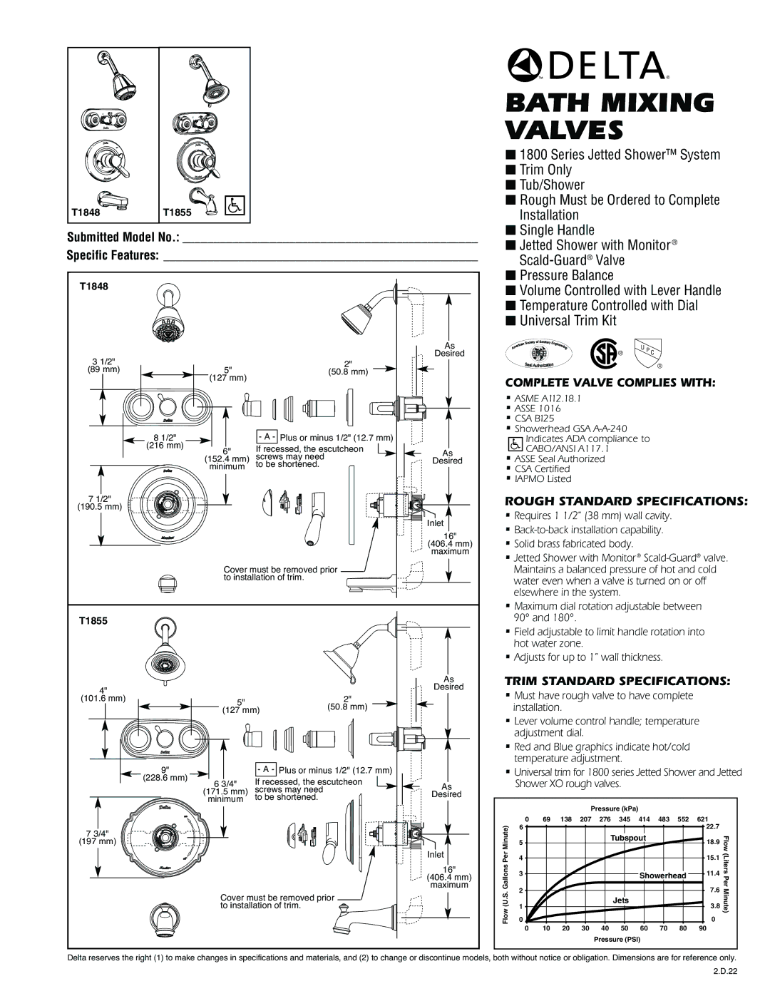 Delta T1855 specifications Complete Valve Complies with, Rough Standard Specifications, Trim Standard Specifications 