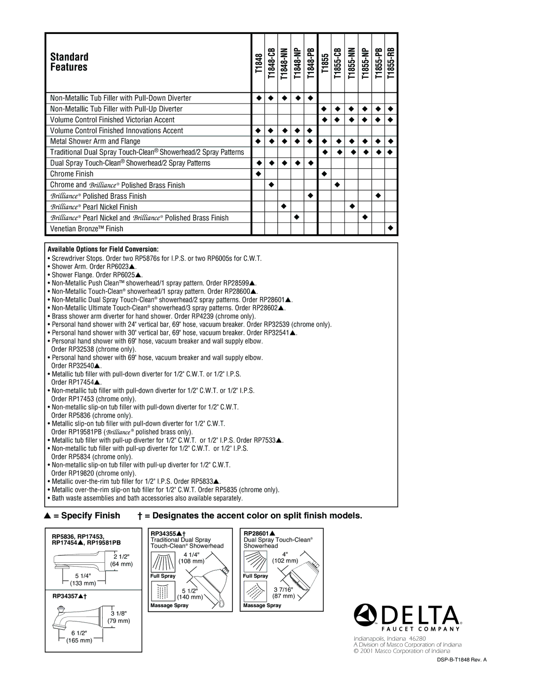 Delta T1848, T1855 specifications Standard, Features, Venetian Bronze Finish 