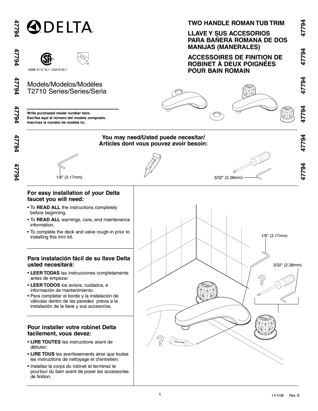 Delta T2710 Series manual 47794 47794 47794, Lire Toutes les instructions avant de, Débuter 