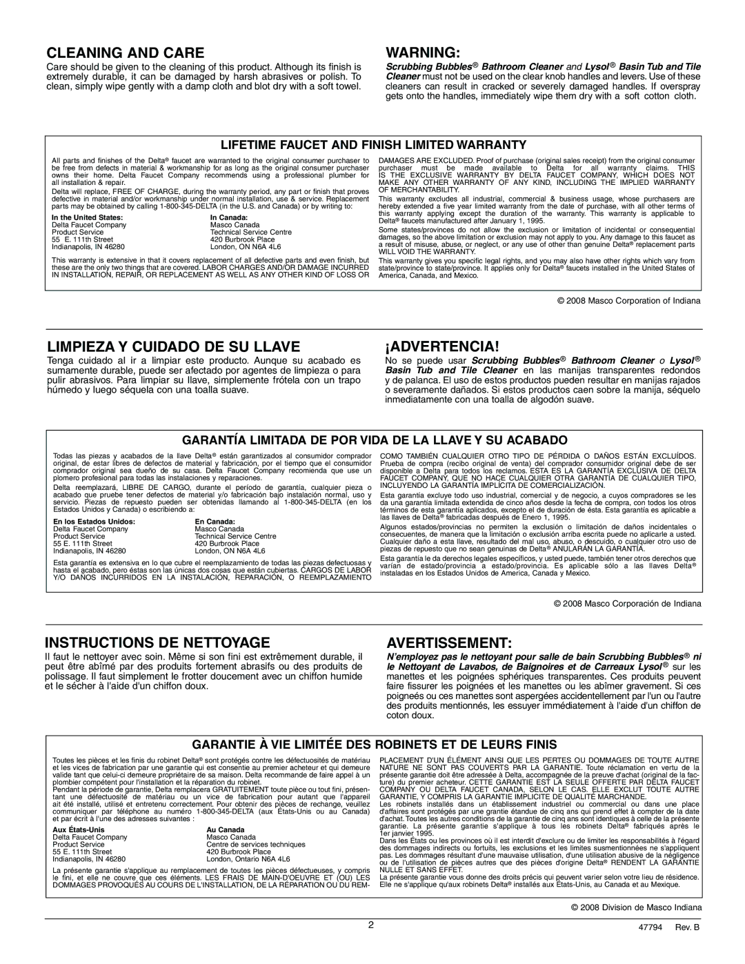 Delta T2710 Series manual Cleaning and Care 