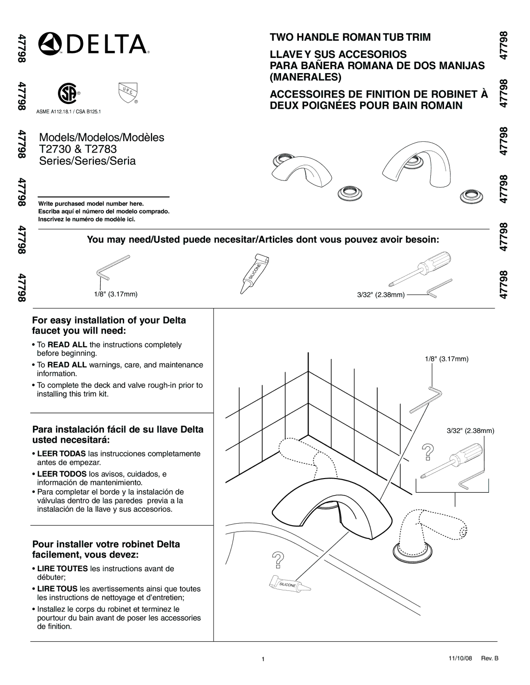 Delta T2783 Series, T2730 Series manual 47798 47798 47798 