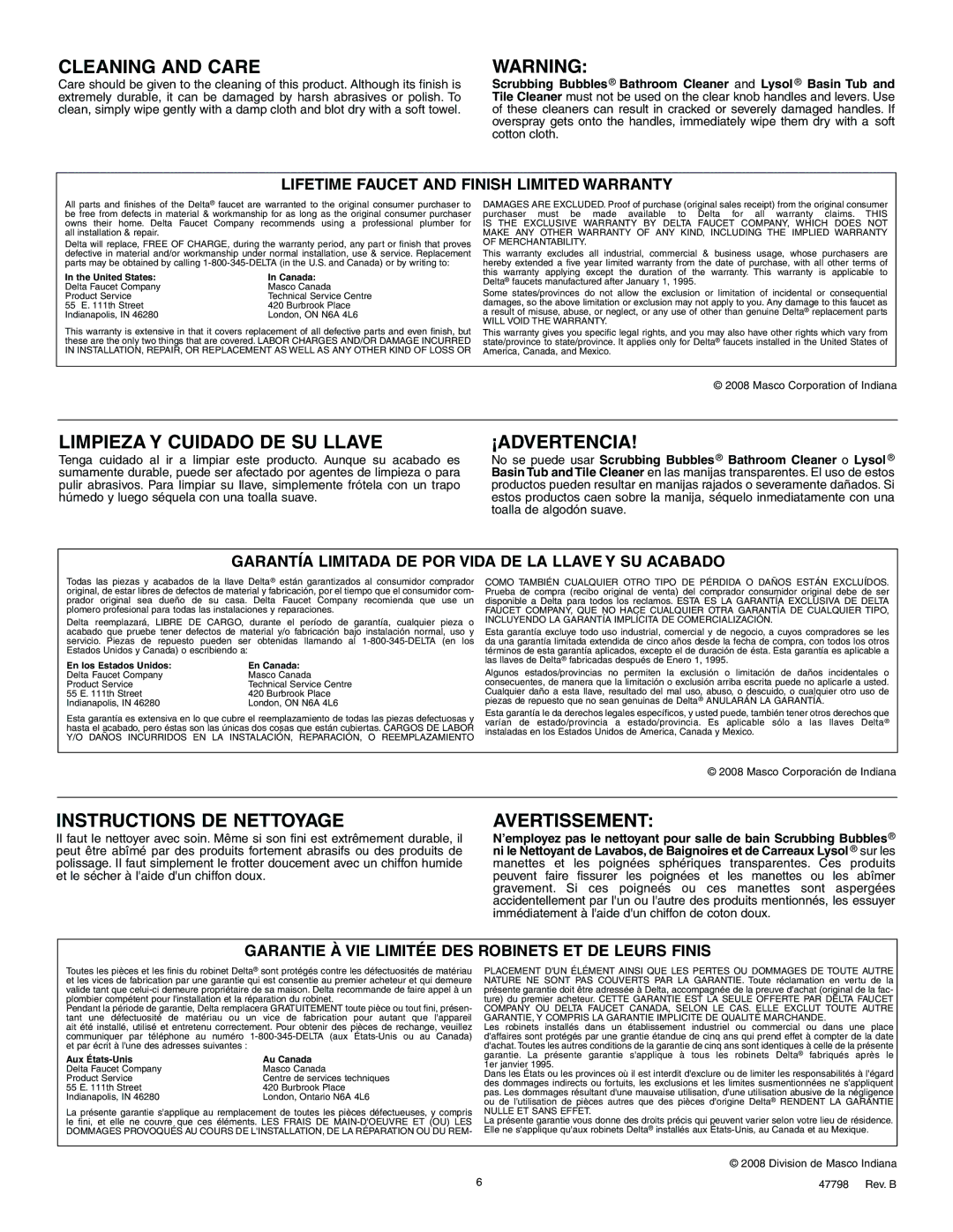 Delta T2730 Series, T2783 Series manual Cleaning and Care 