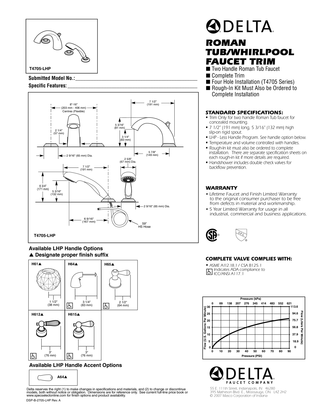 Delta T4705-LHP warranty Roman TUB/WHIRLPOOL Faucet Trim, Standard Specifications, Warranty, Complete Valve Complies with 