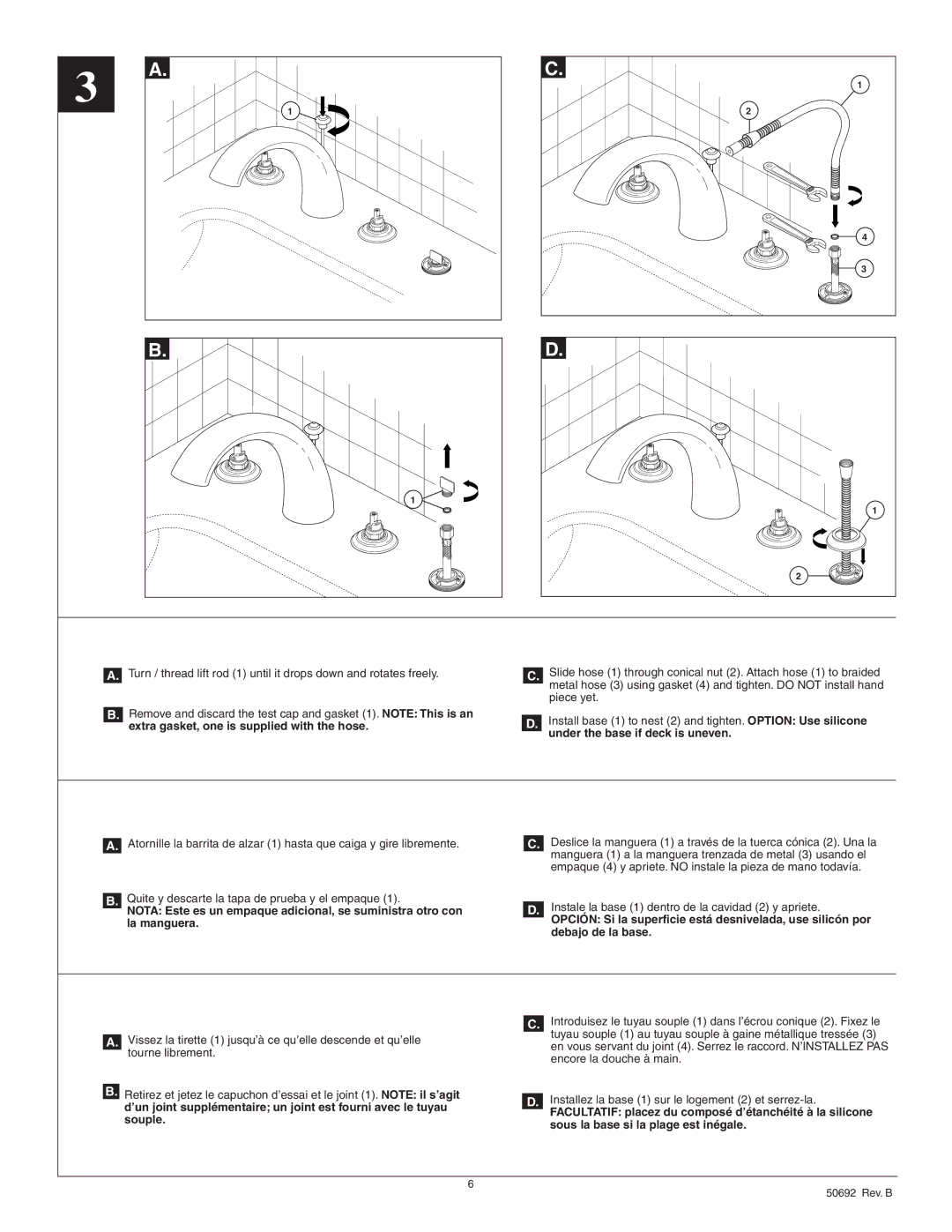 Delta T4705 Series manual Instale la base 1 dentro de la cavidad 2 y apriete 