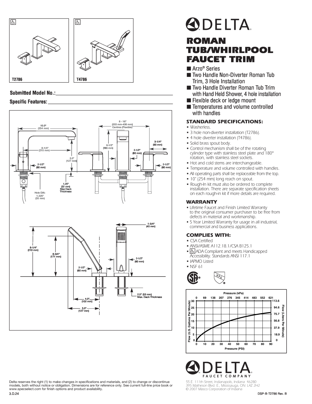 Delta T4786 warranty Roman Tub/Whirlpool Faucet Trim, Arzo Series, Flexible deck or ledge mount, Standard Specifications 