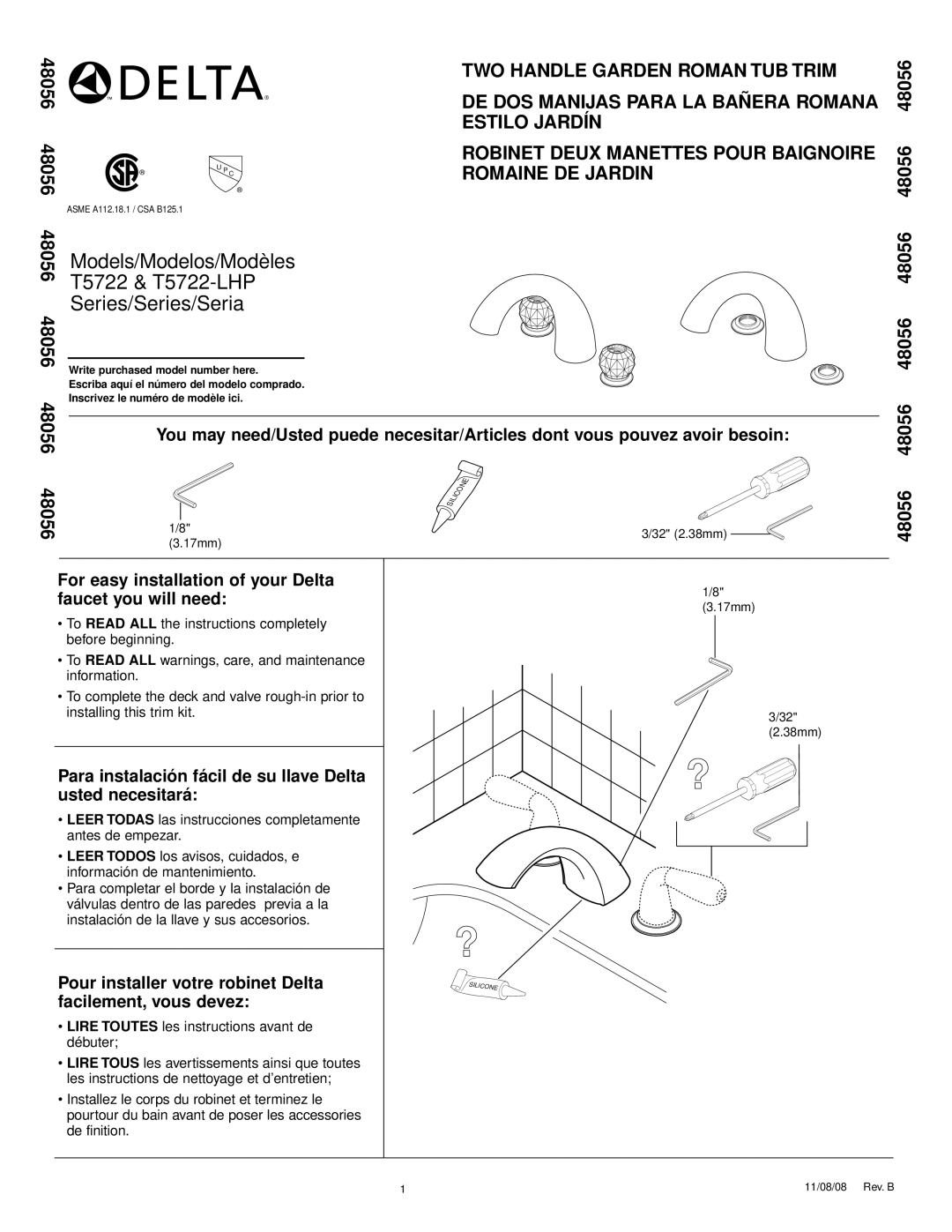 Delta T5722 Series, T5722-LHP Series manual TWO Handle Garden Roman TUB Trim, Estilo Jardín, 48056 48056 