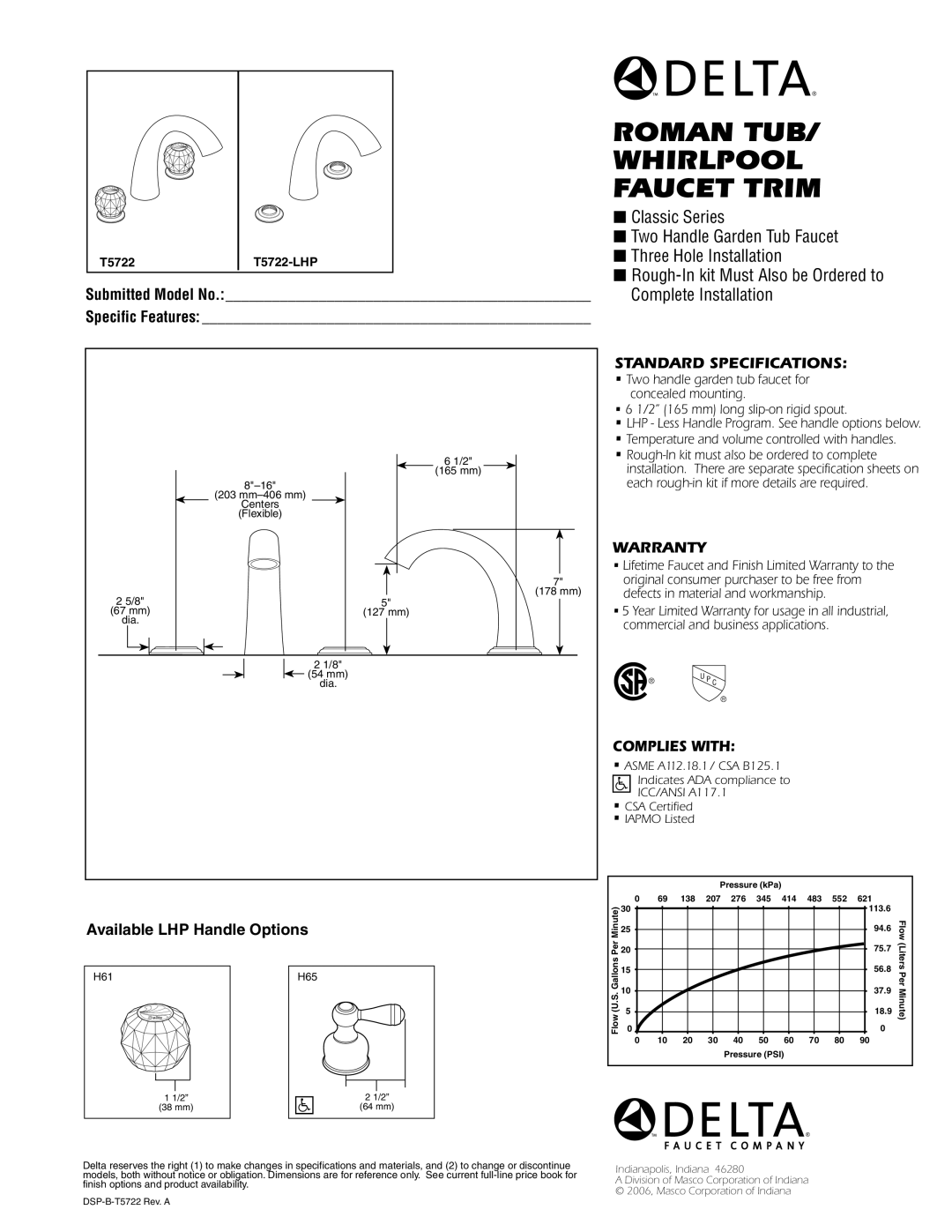 Delta T5722-LHP specifications Roman TUB/ Whirlpool Faucet Trim, Standard Specifications, Warranty, Complies with 