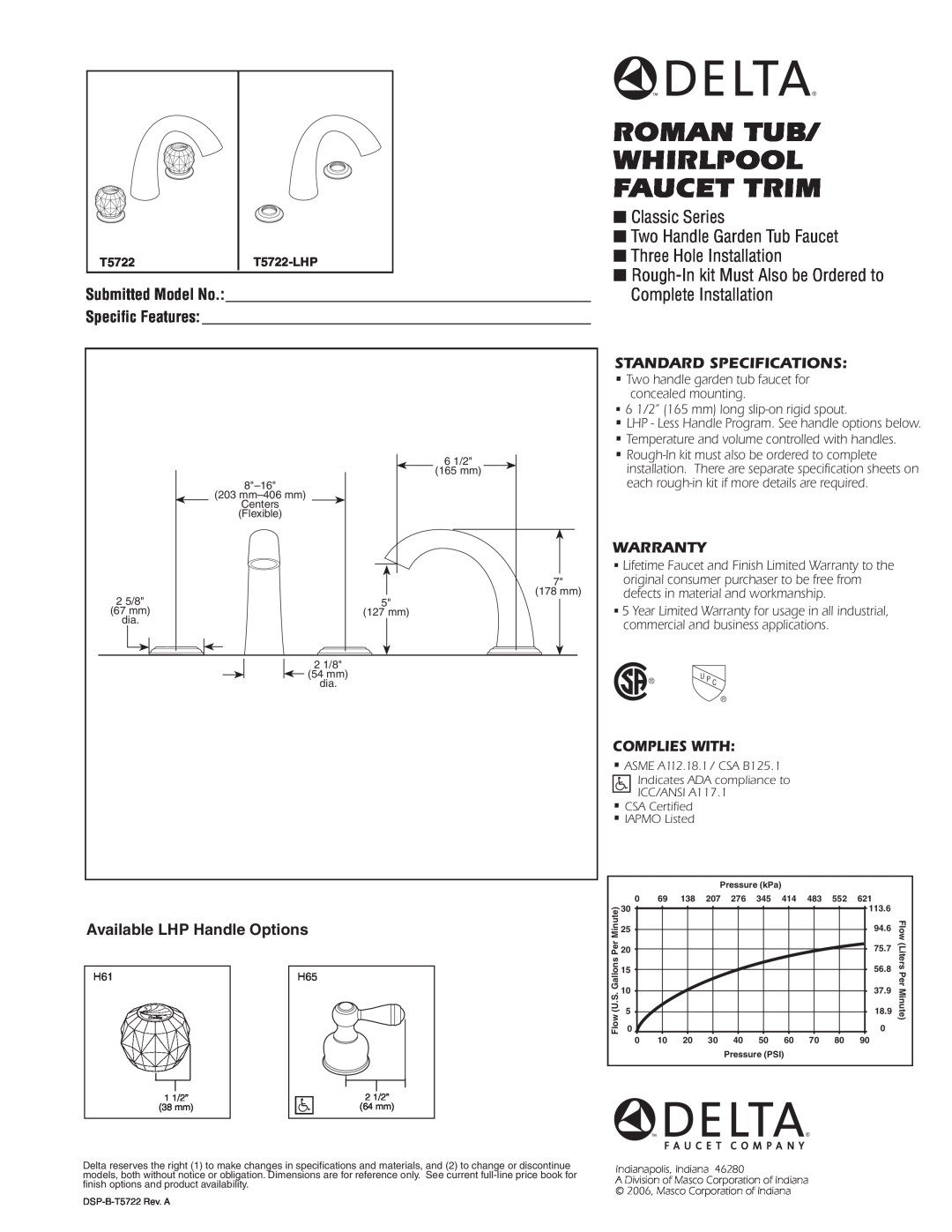Delta T5722 specifications Roman Tub/ Whirlpool Faucet Trim, Rough-In kit Must Also be Ordered to Complete Installation 