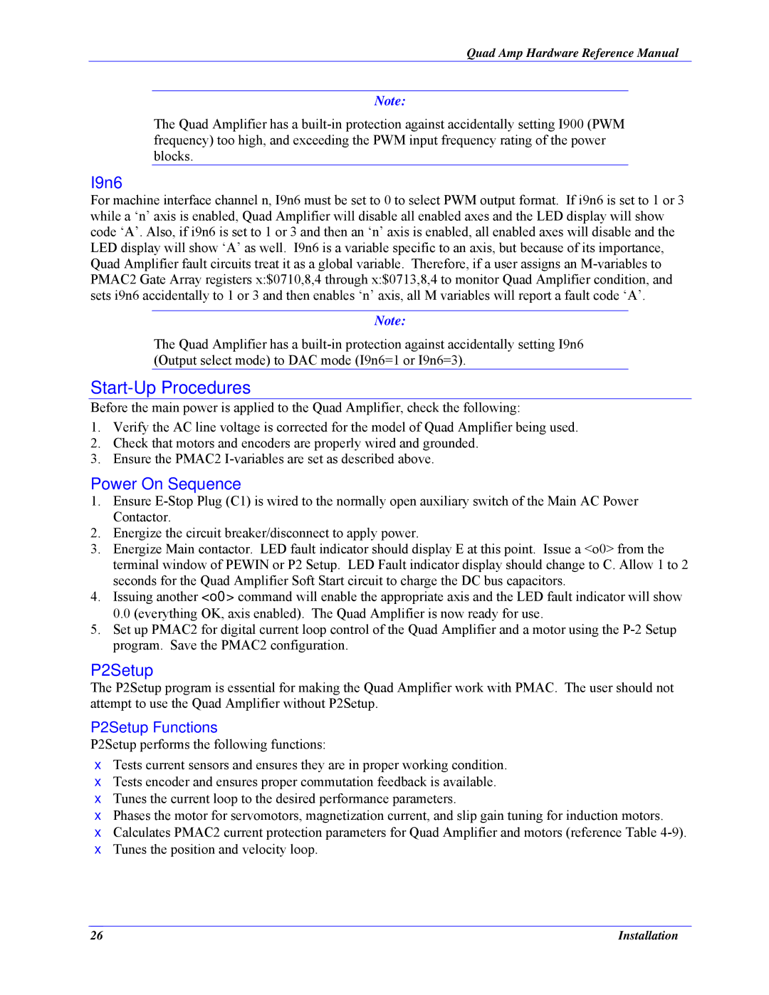 Delta Tau 3Ax-602646-xUxx manual Start-Up Procedures, I9n6, Power On Sequence, P2Setup Functions 