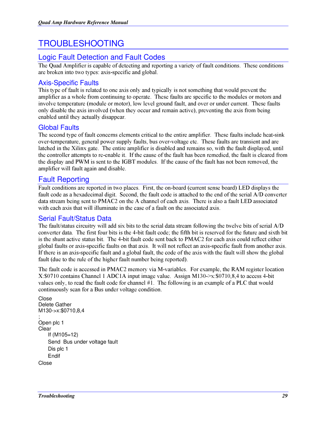 Delta Tau 3Ax-602646-xUxx manual Troubleshooting, Logic Fault Detection and Fault Codes, Fault Reporting 