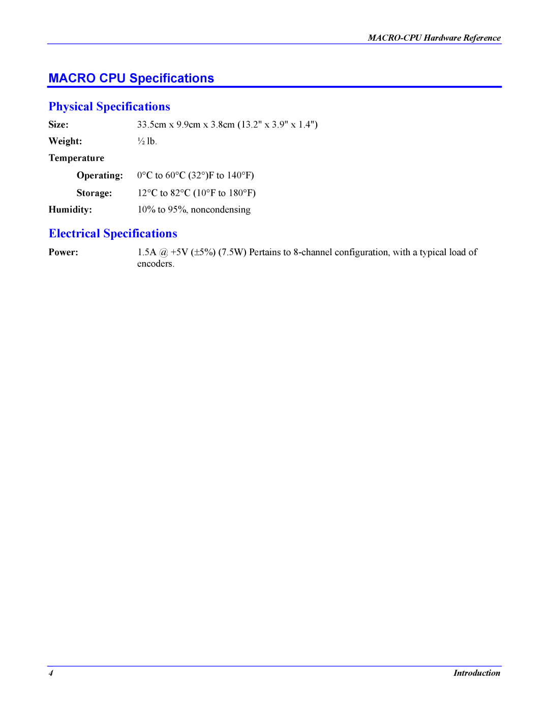 Delta Tau 4Ax-602804-xHxx manual Macro CPU Specifications, Physical Specifications, Electrical Specifications 