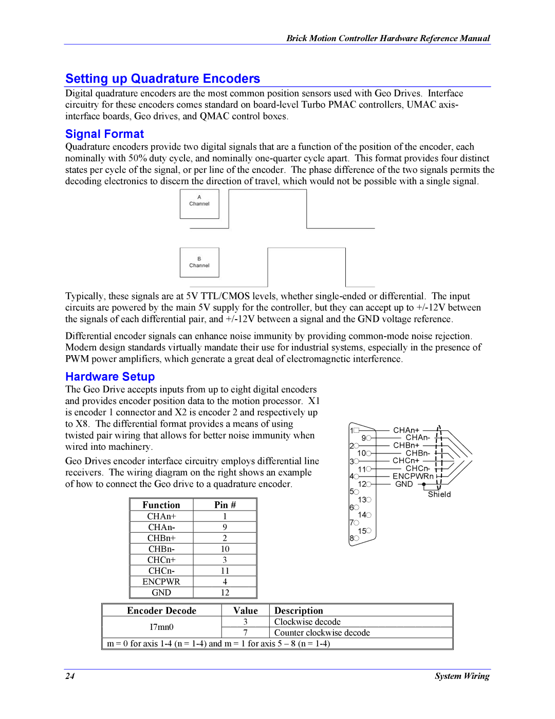 Delta Tau 5xx-603869-xUxx manual Setting up Quadrature Encoders, Signal Format, Hardware Setup, Function Pin # 