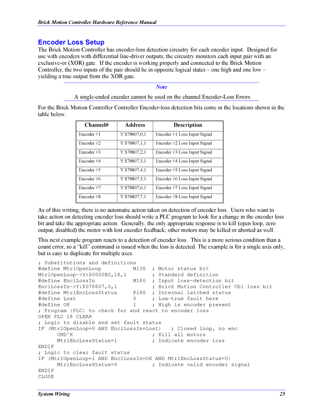 Delta Tau 5xx-603869-xUxx manual Encoder Loss Setup, Channel# Address Description 