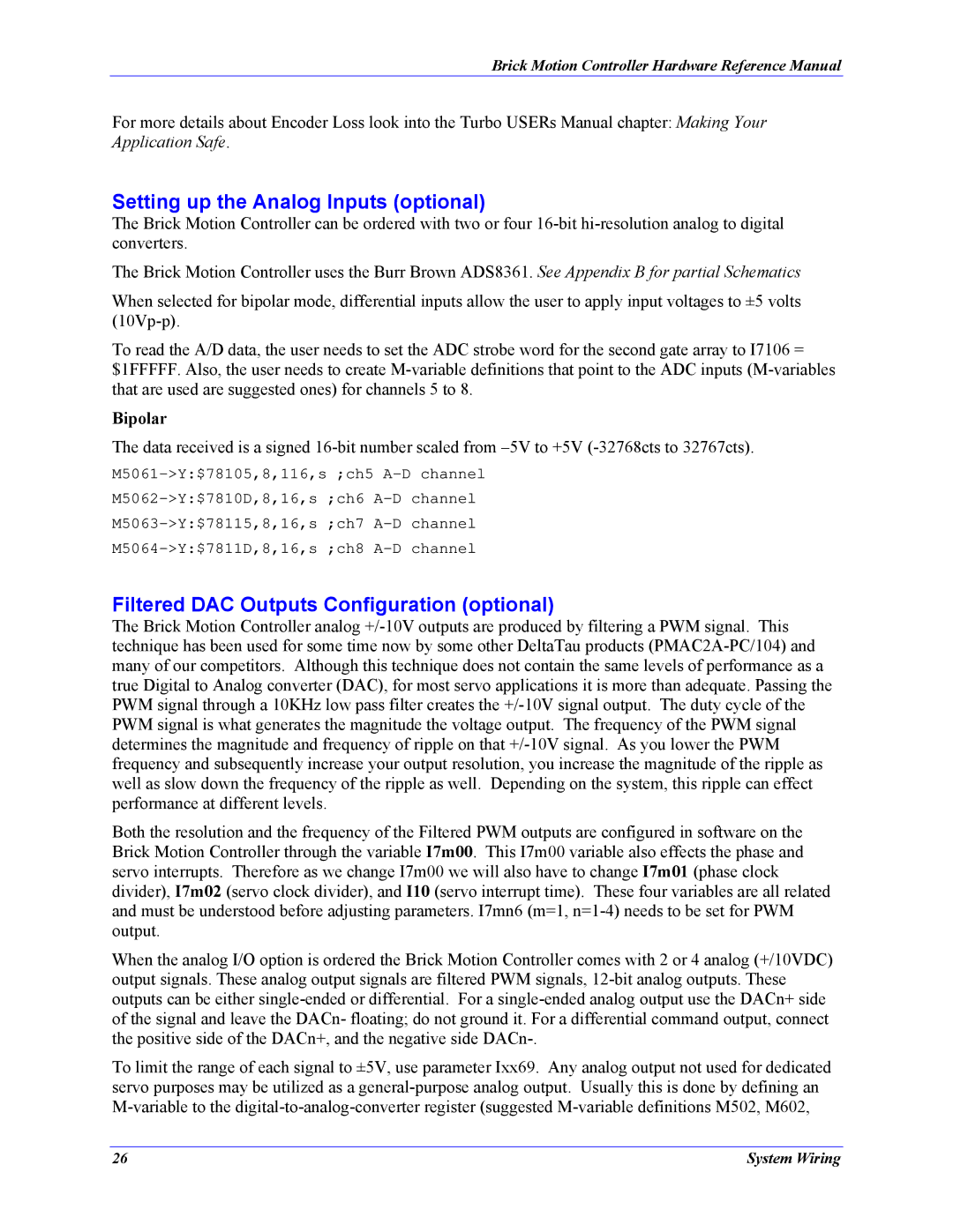 Delta Tau 5xx-603869-xUxx Setting up the Analog Inputs optional, Filtered DAC Outputs Configuration optional, Bipolar 