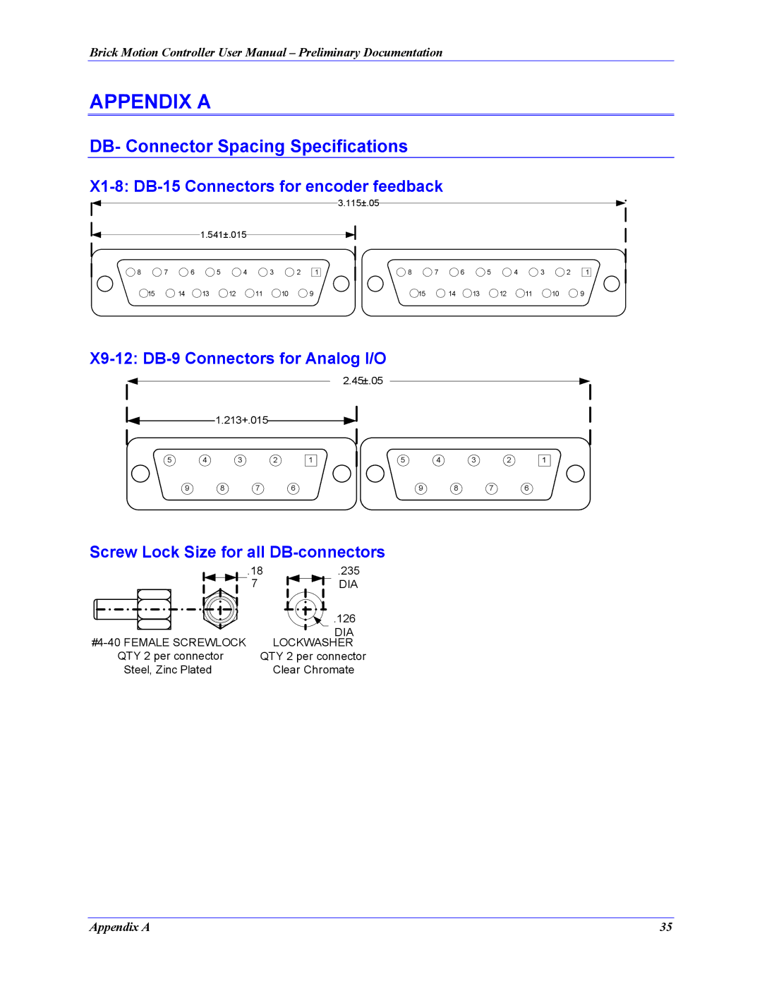 Delta Tau 5xx-603869-xUxx manual DB- Connector Spacing Specifications, X1-8 DB-15 Connectors for encoder feedback 