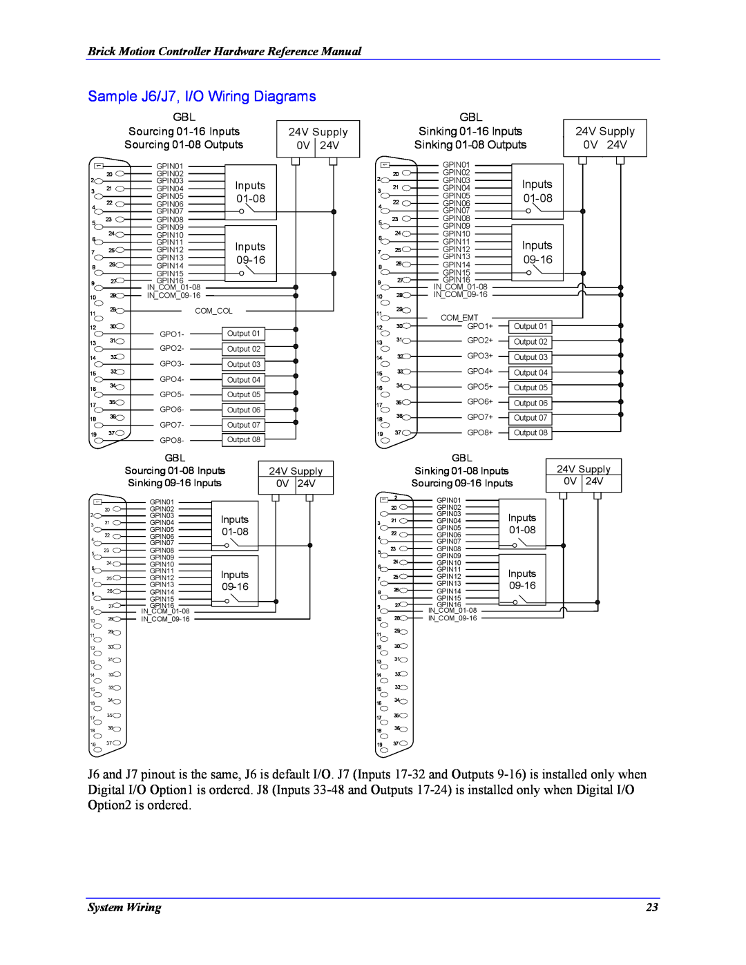 Delta Tau 5xx-603869-xUxx manual Sample J6/J7, I/O Wiring Diagrams, Brick Motion Controller Hardware Reference Manual 