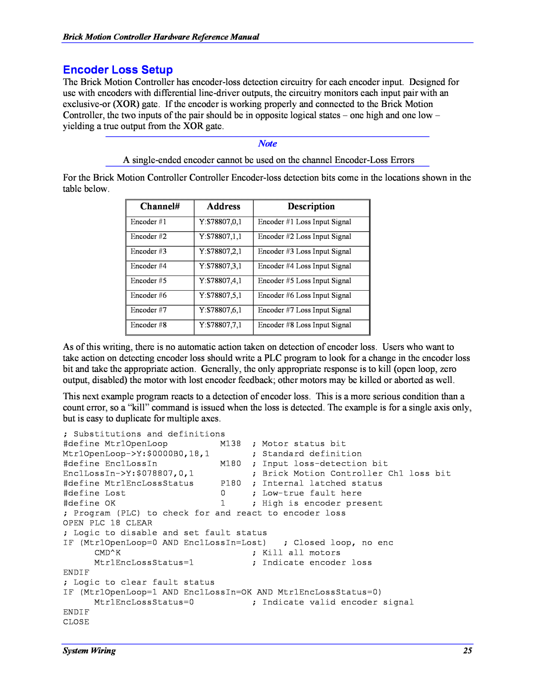 Delta Tau 5xx-603869-xUxx manual Encoder Loss Setup, Channel#, Address, Description 