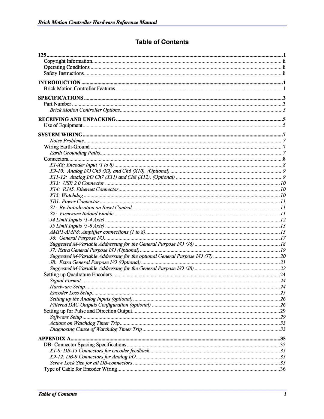 Delta Tau 5xx-603869-xUxx Table of Contents, Brick Motion Controller Hardware Reference Manual, Introduction, Appendix A 