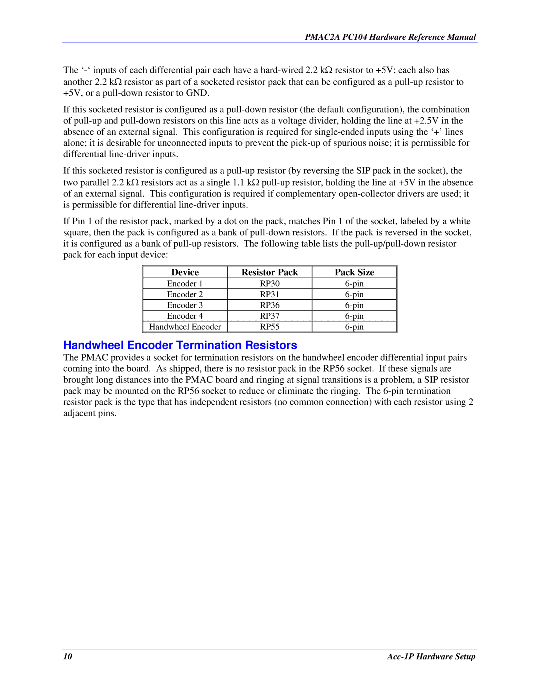 Delta Tau PMAC2A-PC/104 manual Handwheel Encoder Termination Resistors, Device Resistor Pack Pack Size 