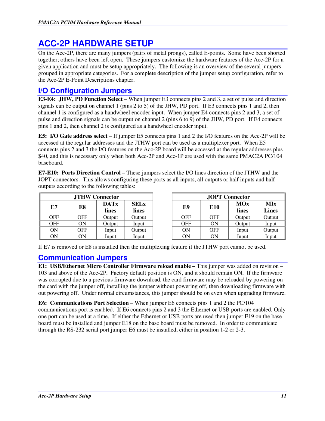 Delta Tau PMAC2A-PC/104 manual ACC-2P Hardware Setup, Jthw Connector DATx SELx, Jopt Connector E10 MOx MIx Lines 