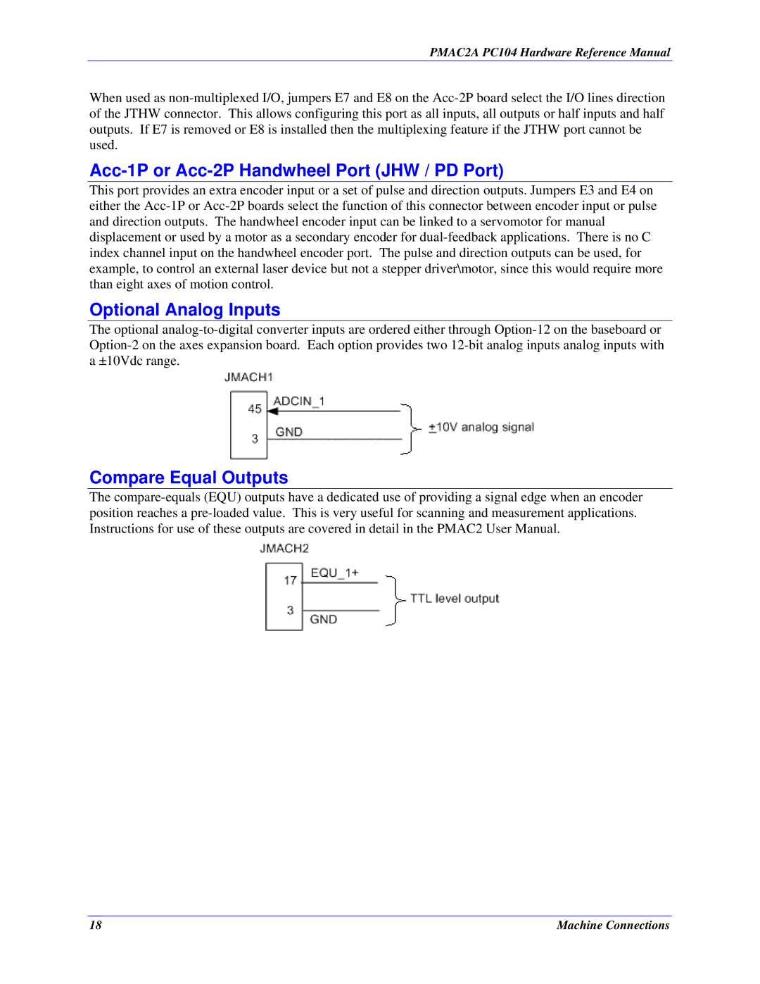 Delta Tau PMAC2A-PC/104 manual Acc-1P or Acc-2P Handwheel Port JHW / PD Port, Optional Analog Inputs, Compare Equal Outputs 