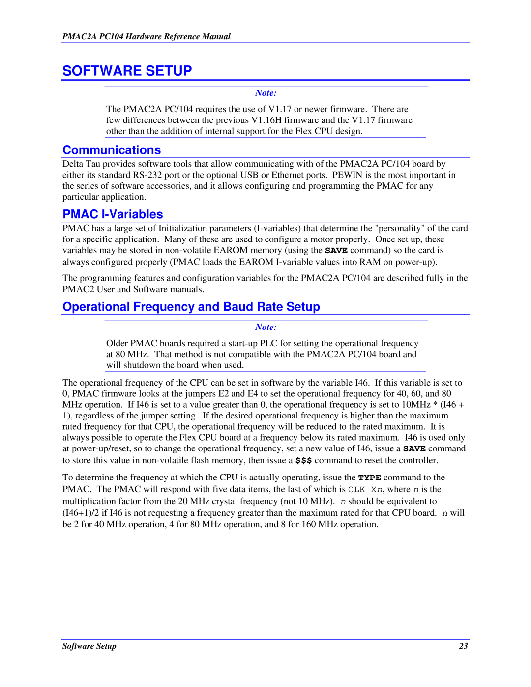 Delta Tau PMAC2A-PC/104 manual Software Setup, Communications, Pmac I-Variables, Operational Frequency and Baud Rate Setup 