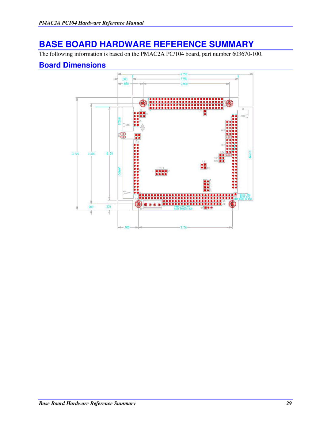 Delta Tau PMAC2A-PC/104 manual Base Board Hardware Reference Summary, Board Dimensions 