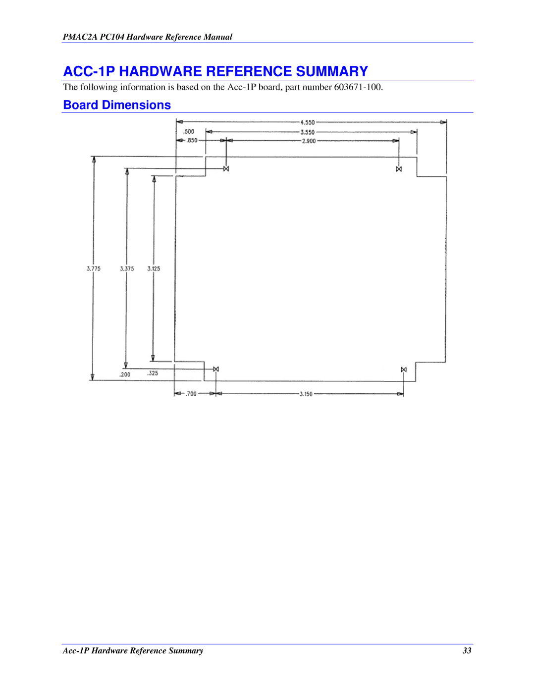 Delta Tau PMAC2A-PC/104 manual ACC-1P Hardware Reference Summary, Board Dimensions 