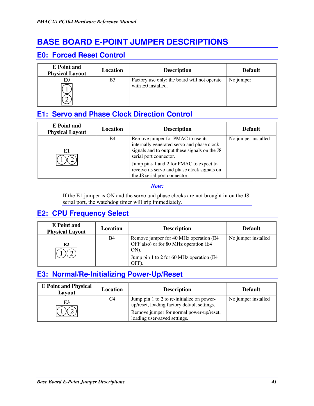 Delta Tau PMAC2A-PC/104 manual Base Board E-POINT Jumper Descriptions, E0 Forced Reset Control, E2 CPU Frequency Select 