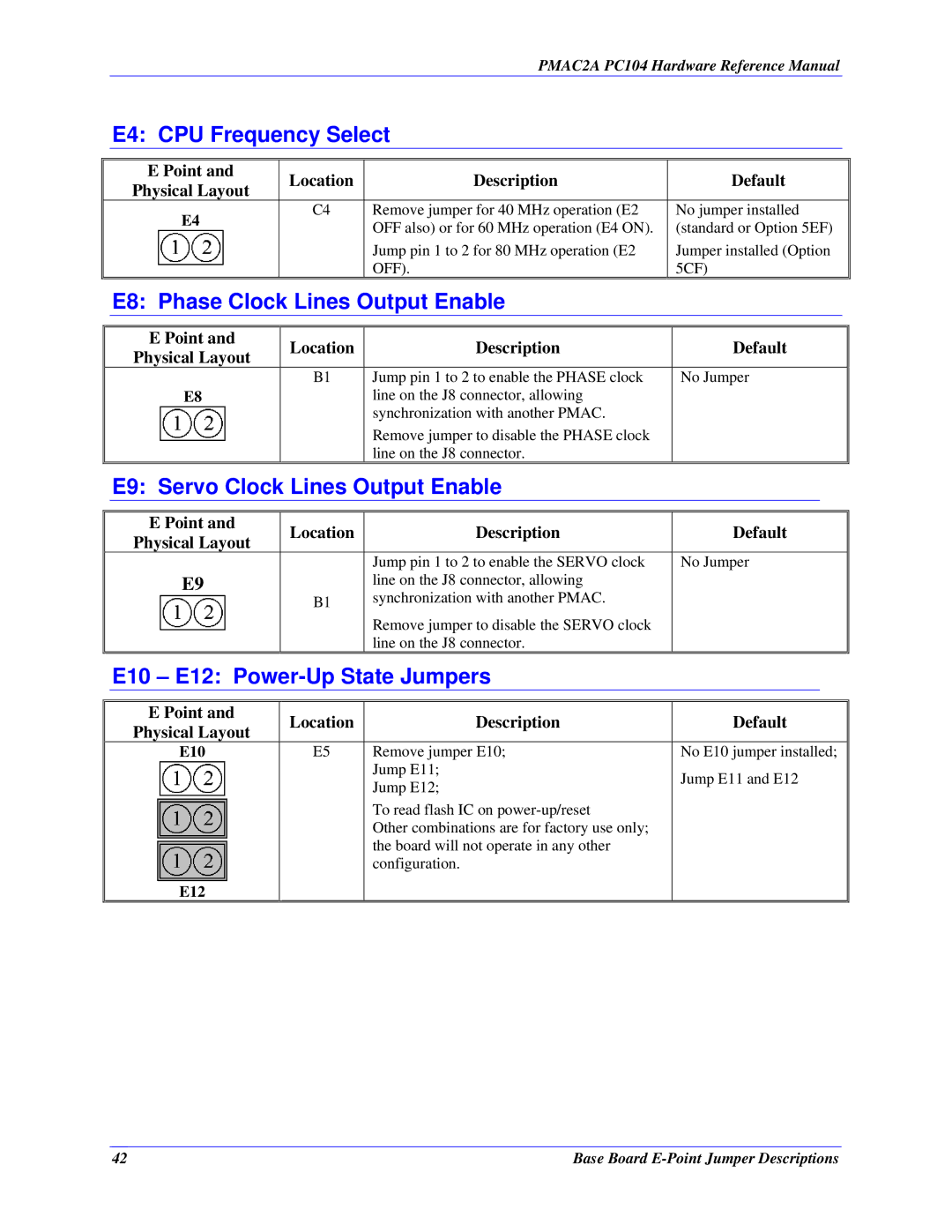 Delta Tau PMAC2A-PC/104 E4 CPU Frequency Select, E8 Phase Clock Lines Output Enable, E9 Servo Clock Lines Output Enable 