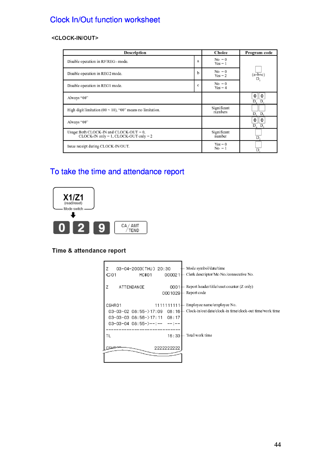 Delta TE-4000 manual Clock In/Out function worksheet, To take the time and attendance report 
