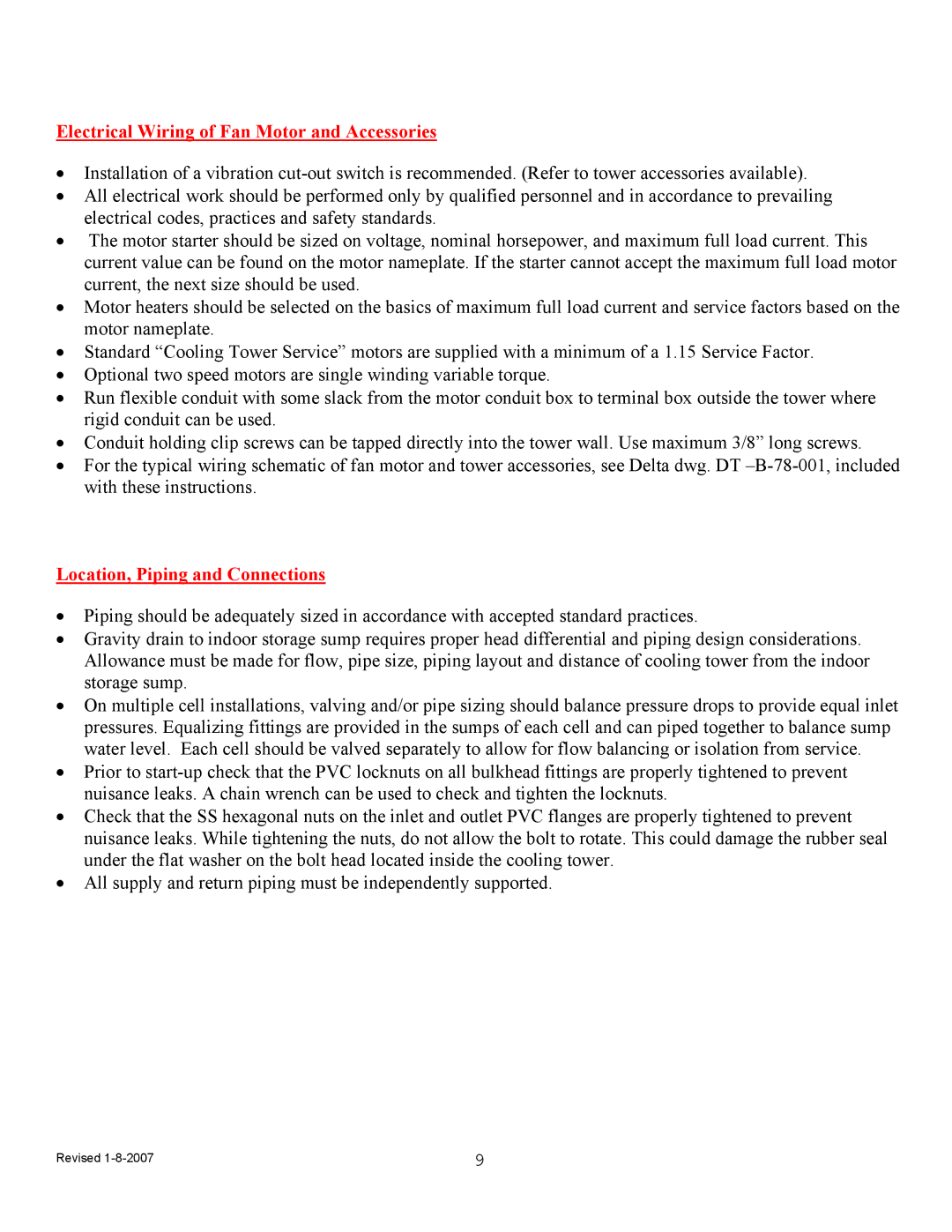 Delta TM Series Cooling Tower, TM-105312 Electrical Wiring of Fan Motor and Accessories, Location, Piping and Connections 