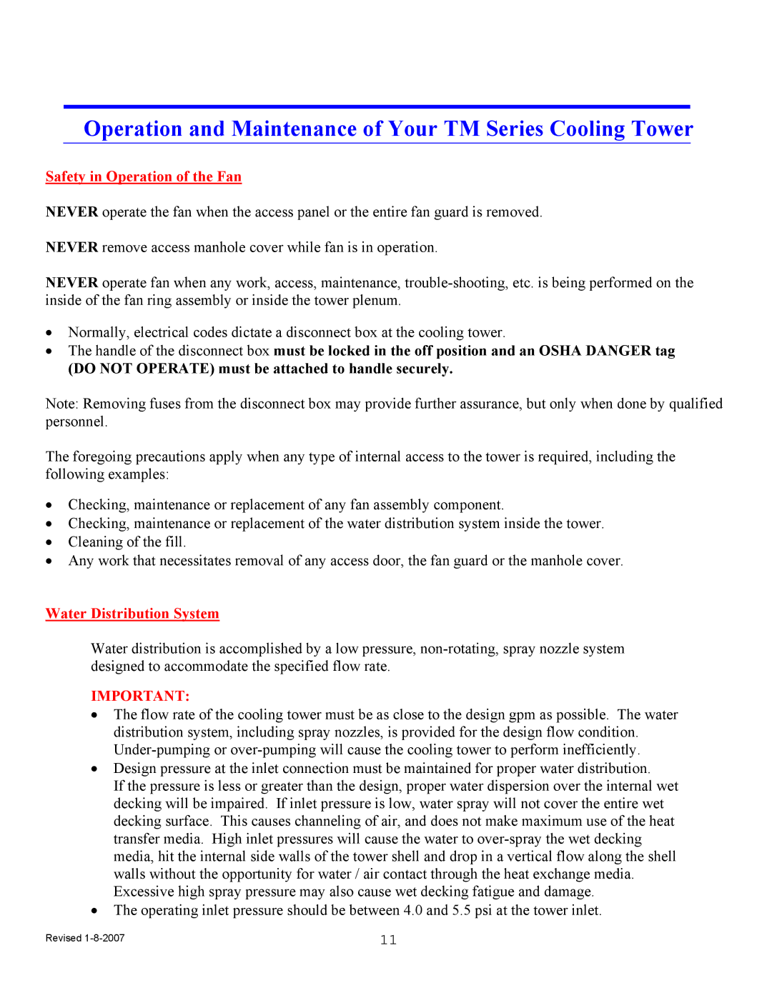 Delta TM-105312 manual Operation and Maintenance of Your TM Series Cooling Tower, Safety in Operation of the Fan 