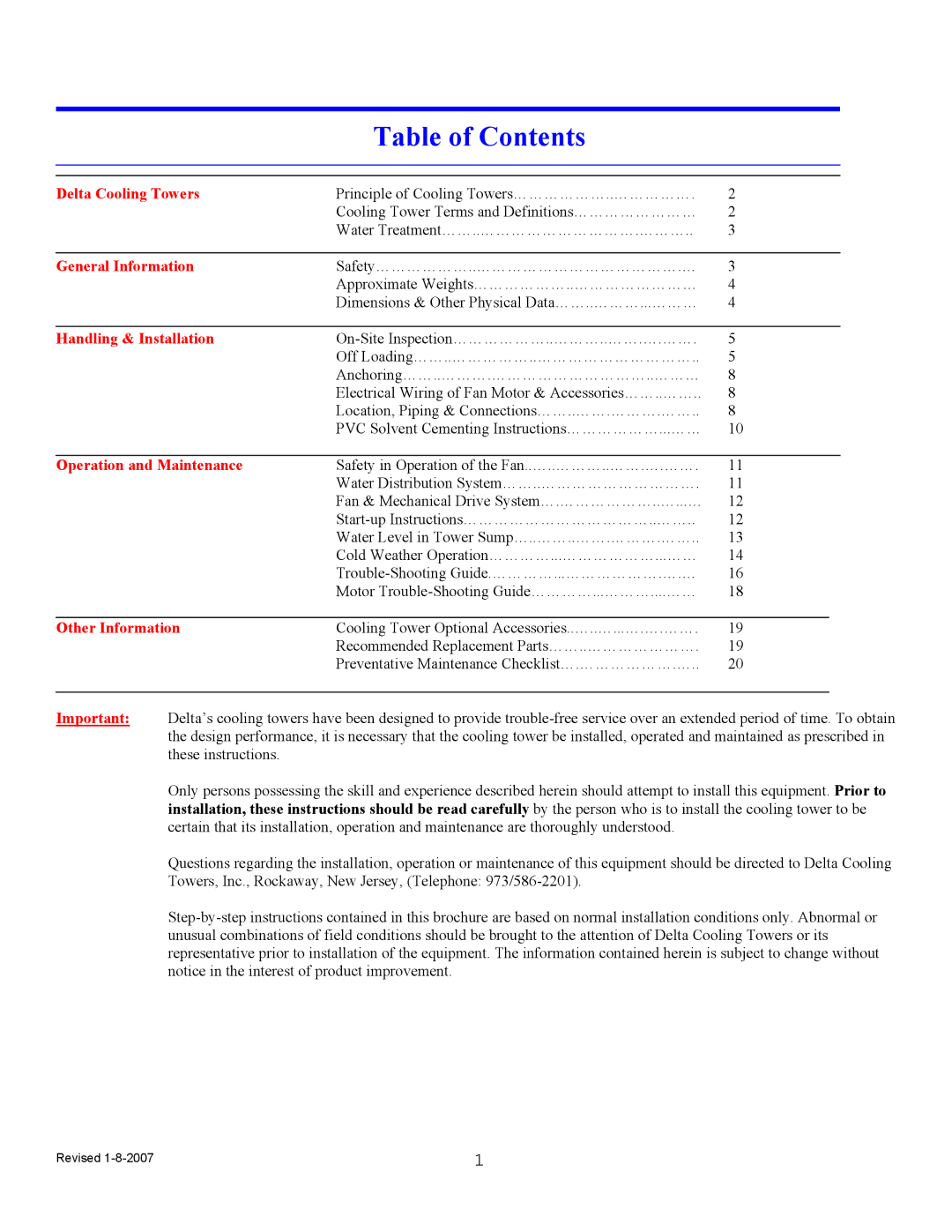 Delta TM Series Cooling Tower, TM-105312 manual Table of Contents 