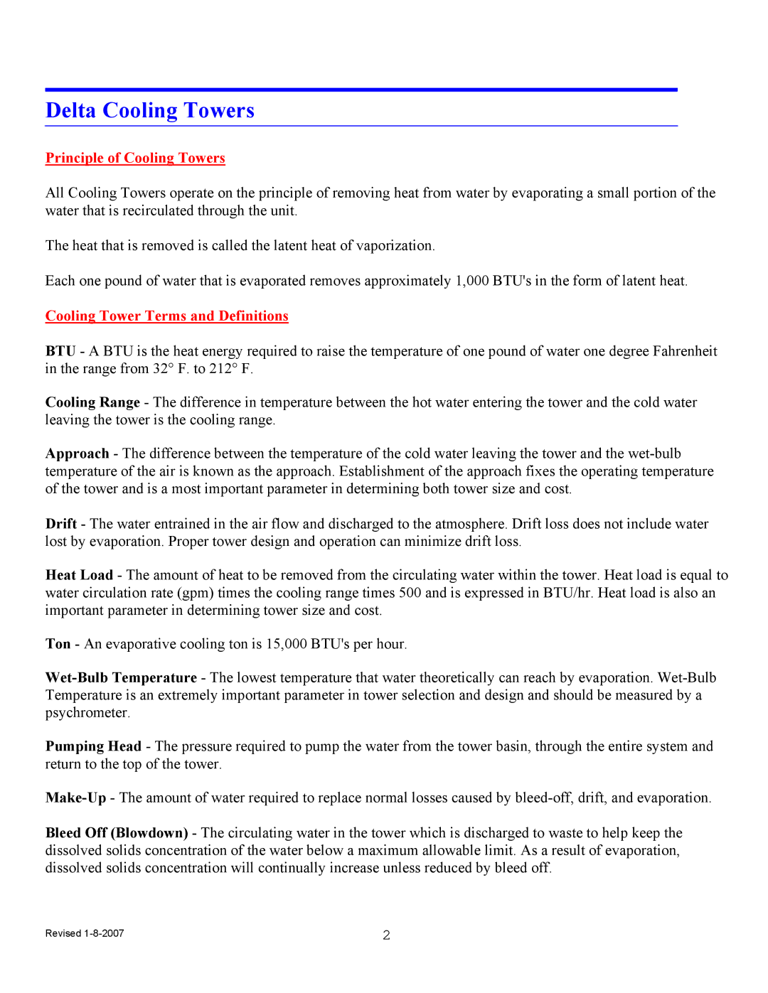 Delta TM-105312 manual Delta Cooling Towers, Principle of Cooling Towers, Cooling Tower Terms and Definitions 