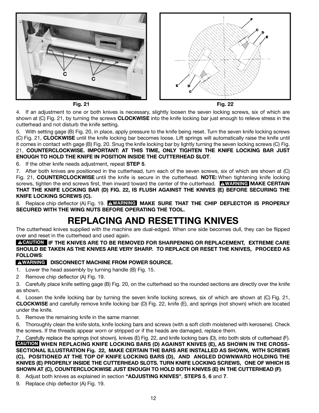 Delta TP300 instruction manual Replacing and Resetting Knives 