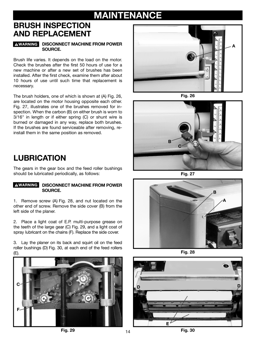 Delta TP300 instruction manual Maintenance, Brush Inspection Replacement, Lubrication 