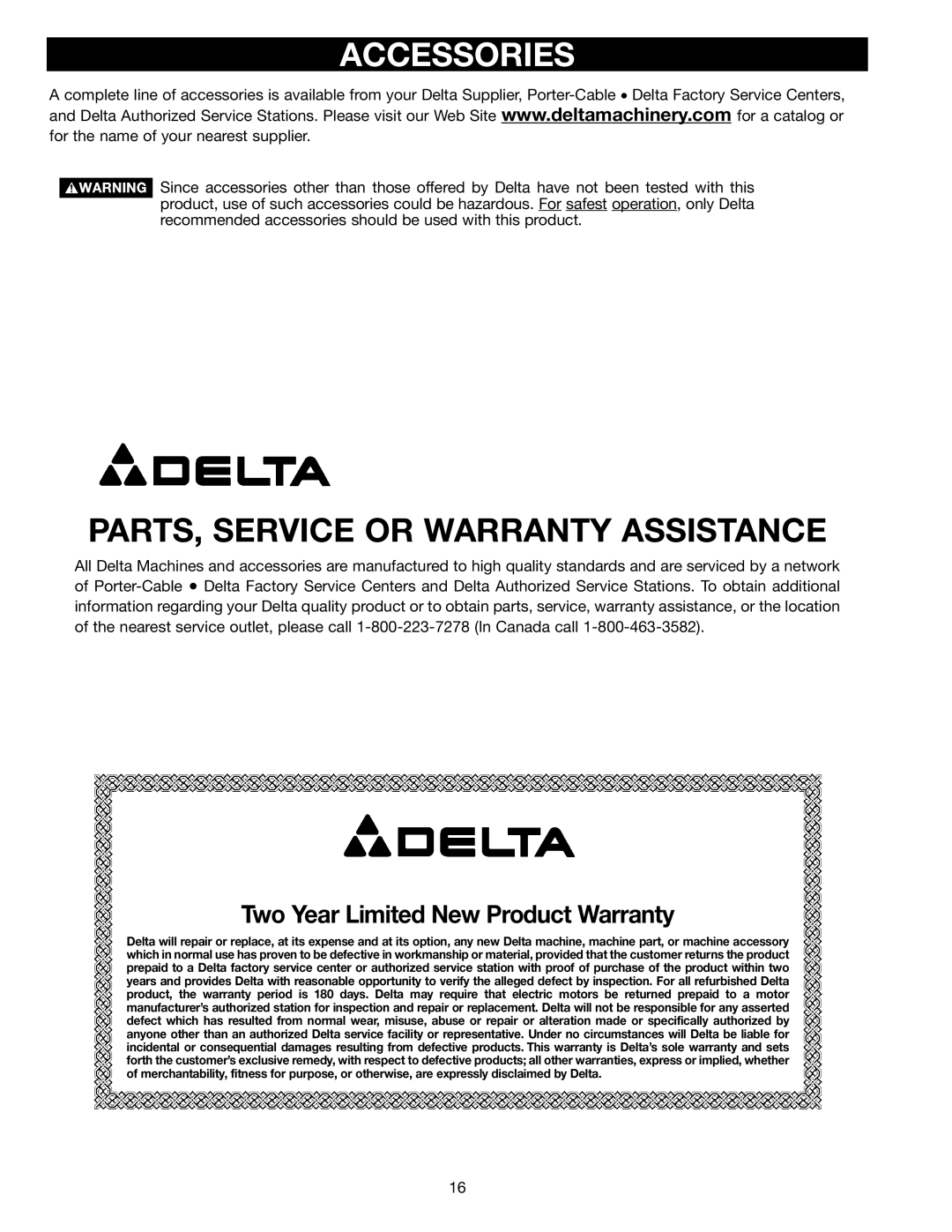 Delta TP300 instruction manual Accessories, PARTS, Service or Warranty Assistance 