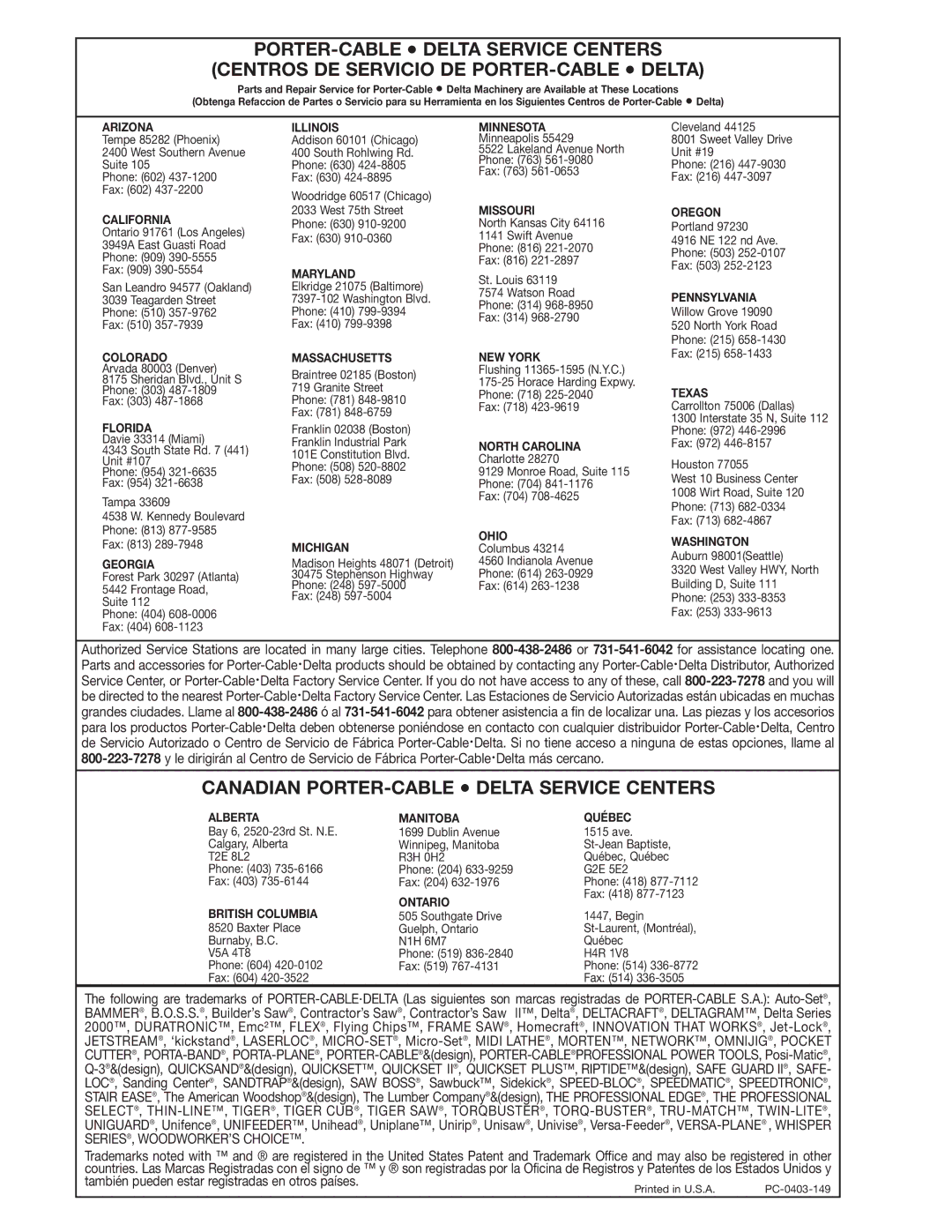 Delta TP300 instruction manual Canadian PORTER-CABLE Delta Service Centers 