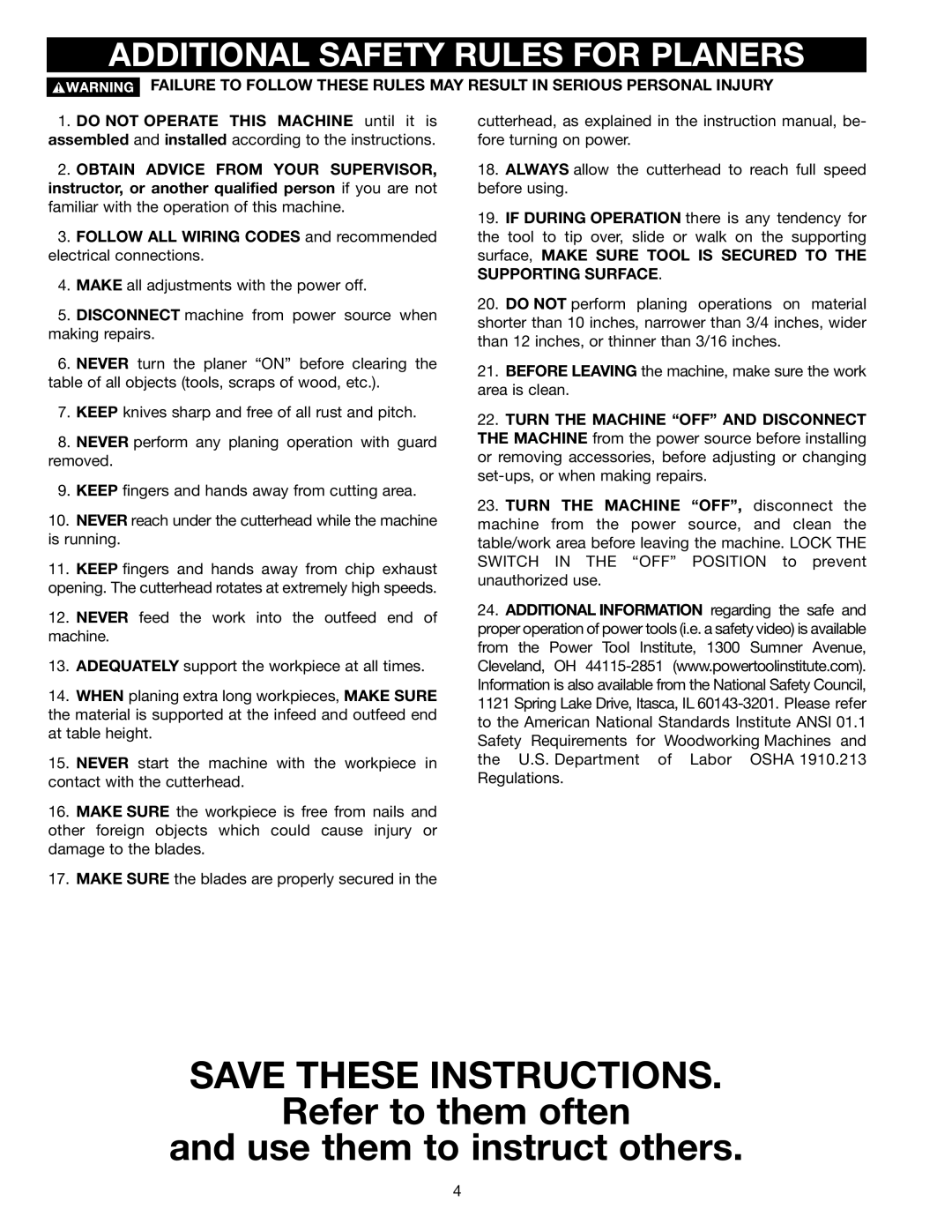 Delta TP300 instruction manual Refer to them often Use them to instruct others, Additional Safety Rules for Planers 