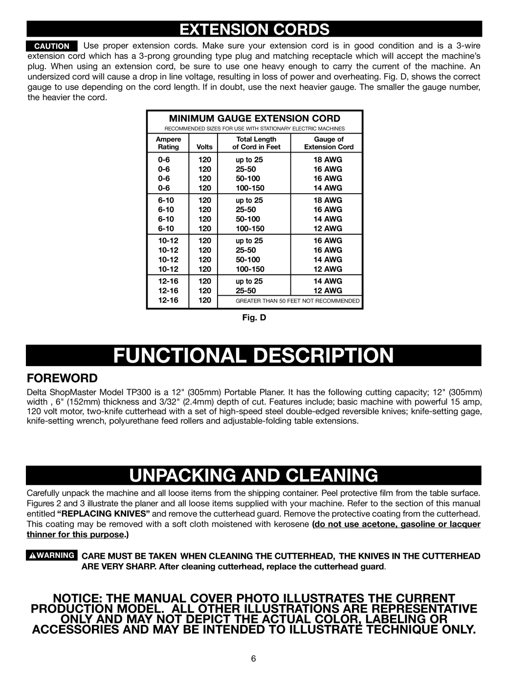 Delta TP300 instruction manual Unpacking and Cleaning, Extension Cords 