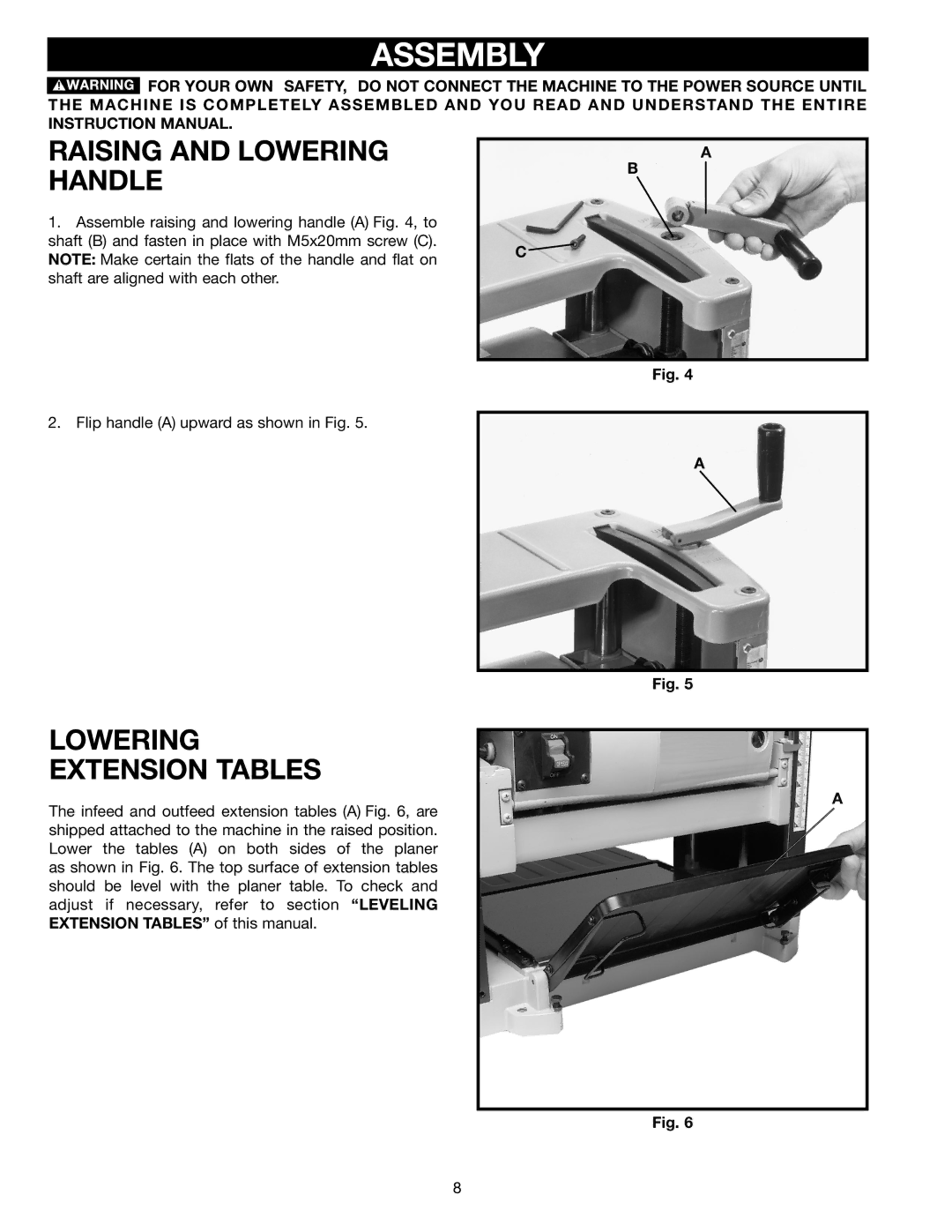 Delta TP300 instruction manual Assembly, Raising and Lowering Handle, Lowering Extension Tables 