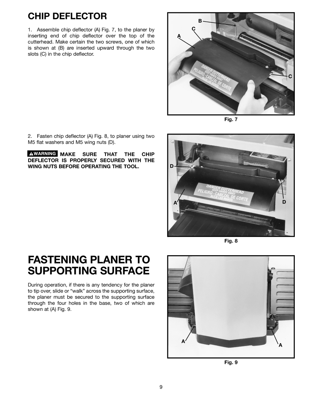 Delta TP300 instruction manual Fastening Planer to Supporting Surface, Chip Deflector 