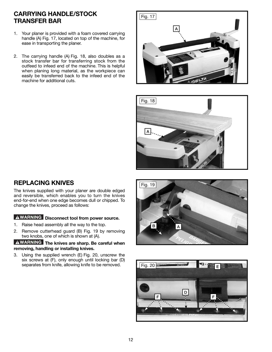 Delta TP305 instruction manual Replacing Knives, Carrying HANDLE/STOCK Transfer BAR 