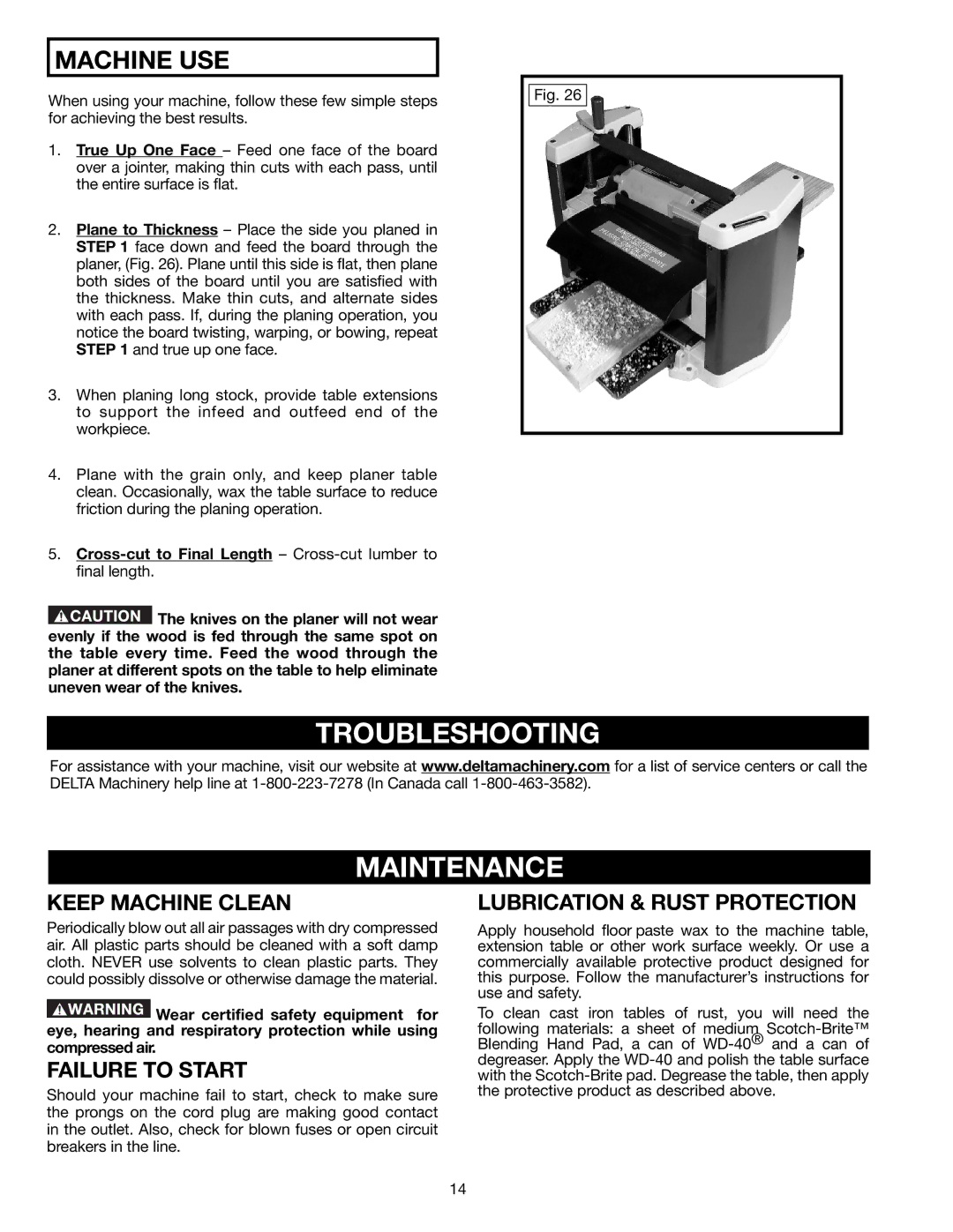 Delta TP305 Troubleshooting Maintenance, Keep Machine Clean, Failure to Start, Lubrication & Rust Protection 